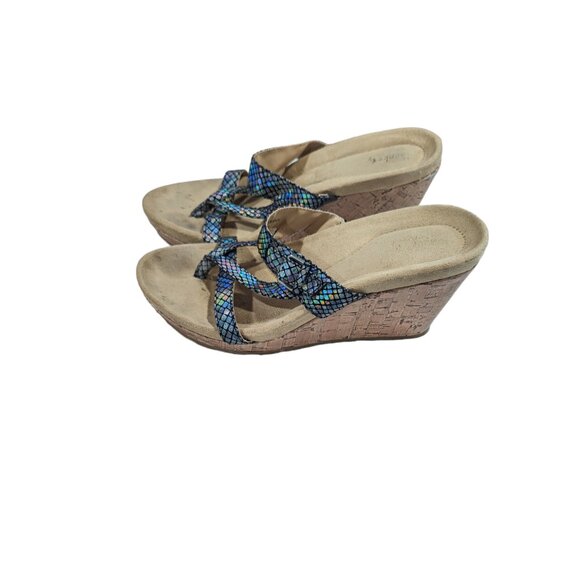 Cheeks by Tony Little Fit Body Blue Strappy Cork Wedge Sandals Sz 9 - Picture 1 of 10
